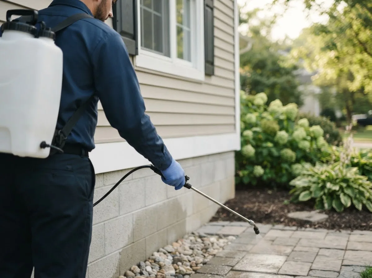 Pest control technician inspecting a home in Bemidji, MN